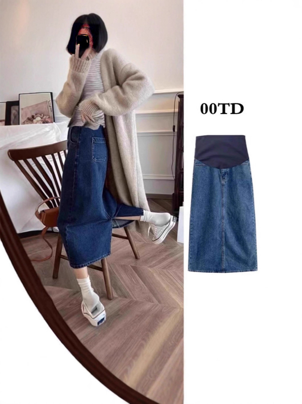 Trudnička denimska suknja, srednje duljine, podrška za trbuh, prednji šlic, tkanina pamuk-denim (90–95% pamuk)