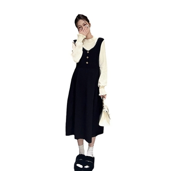 Trudnička haljina u Chanel stilu, lažno dvodijelna pletena haljina, stojeći ovratnik, dugi rukavi, A-linija, 70–80% pamuk