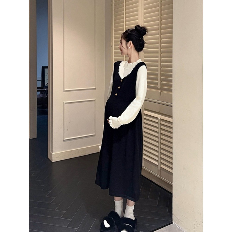 Trudnička haljina u Chanel stilu, lažno dvodijelna pletena haljina, stojeći ovratnik, dugi rukavi, A-linija, 70–80% pamuk