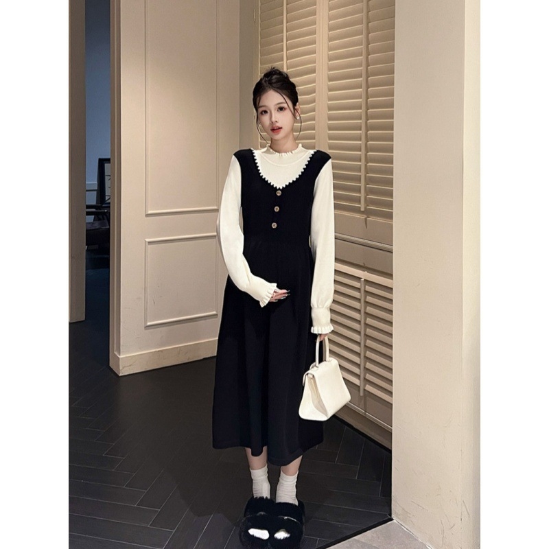 Trudnička haljina u Chanel stilu, lažno dvodijelna pletena haljina, stojeći ovratnik, dugi rukavi, A-linija, 70–80% pamuk