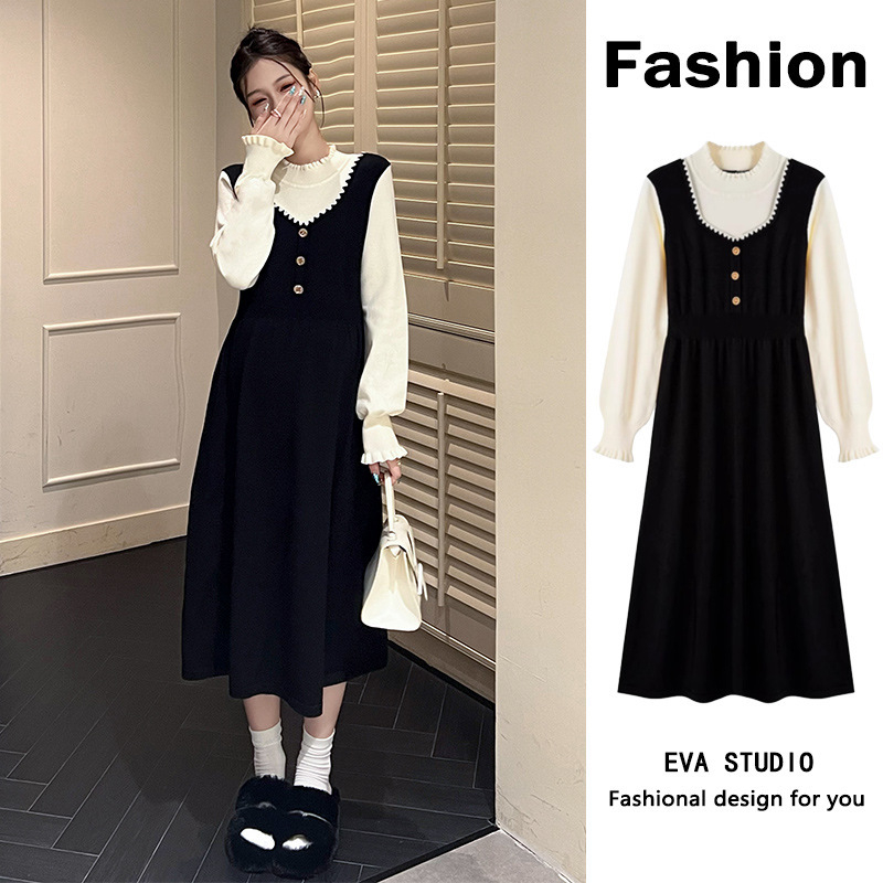 Trudnička haljina u Chanel stilu, lažno dvodijelna pletena haljina, stojeći ovratnik, dugi rukavi, A-linija, 70–80% pamuk