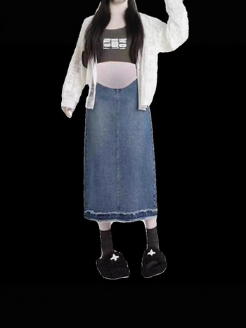 Trudnička džins suknja s trbušnim panelom, srednje duljine, retro stil