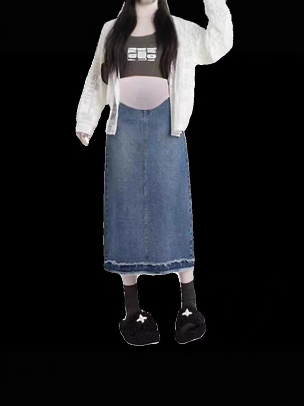 Trudnička džins suknja s trbušnim panelom, srednje duljine, retro stil