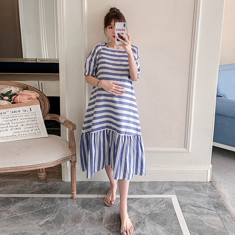 Trudničarska haljina, prugasta, midi duljine, A-linija, straga mašna, okrugli izrez