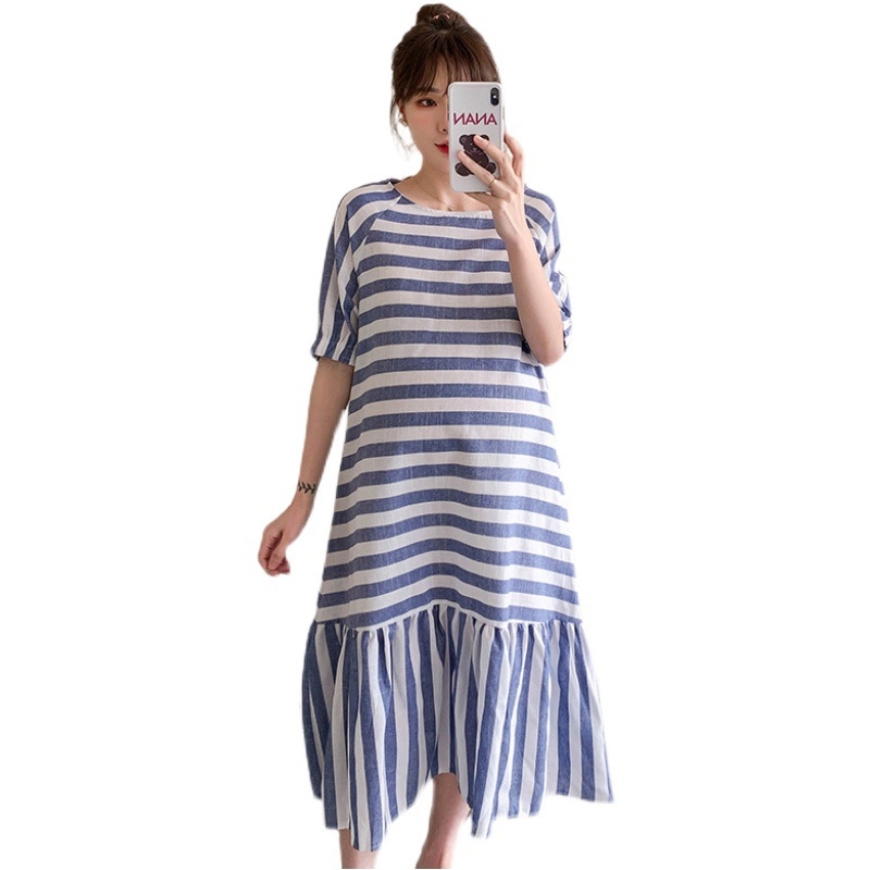 Trudničarska haljina, prugasta, midi duljine, A-linija, straga mašna, okrugli izrez