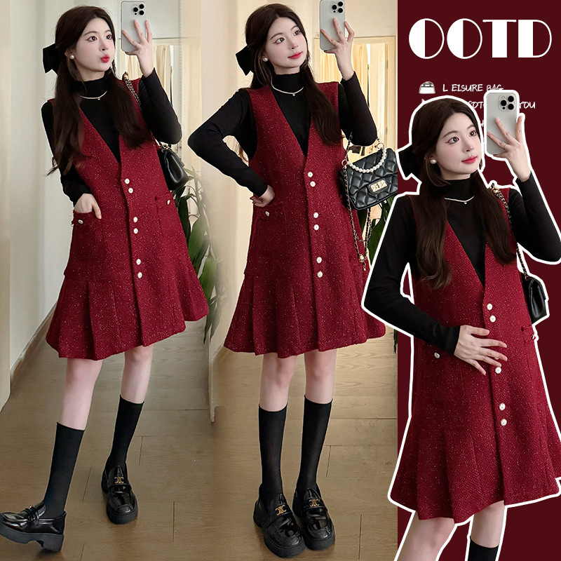 Trudnička haljina s okruglim izrezom, dugi rukavi, A-linija, midi duljina, proljeće 2025