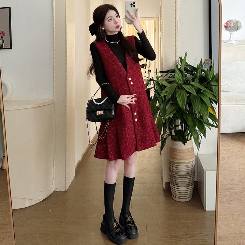 Trudnička haljina s okruglim izrezom, dugi rukavi, A-linija, midi duljina, proljeće 2025