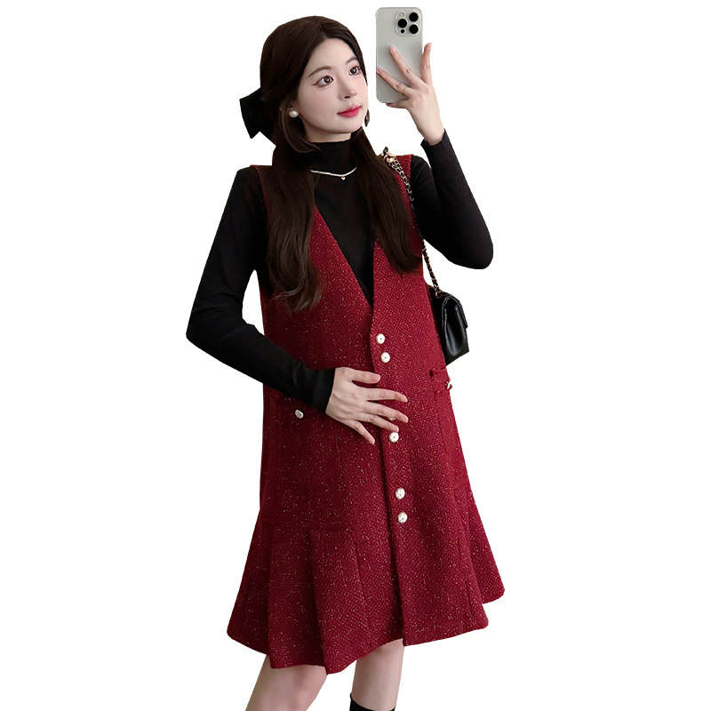 Trudnička haljina s okruglim izrezom, dugi rukavi, A-linija, midi duljina, proljeće 2025