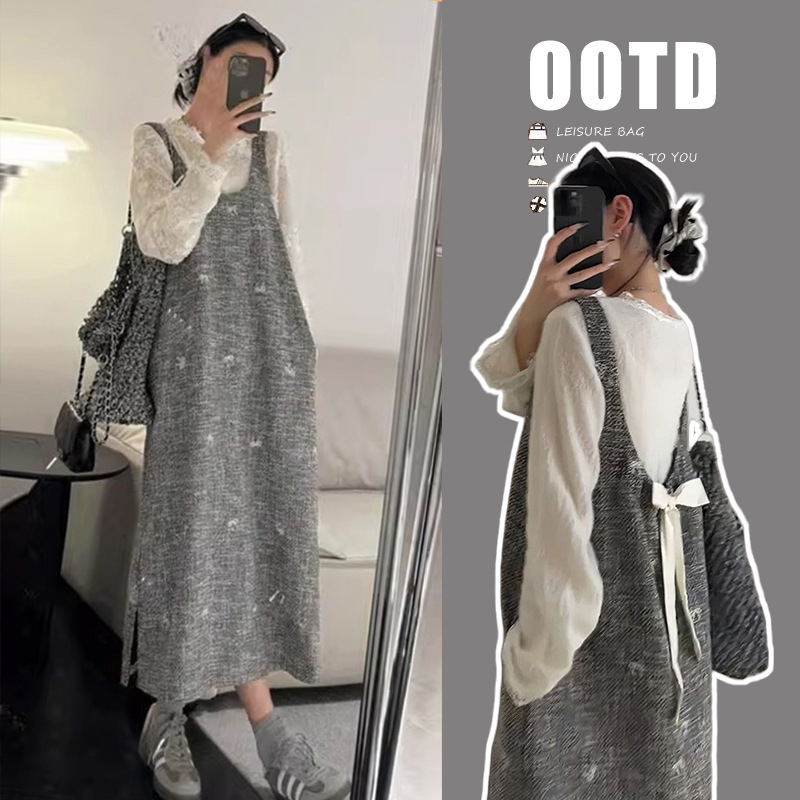 Trudnički dvodijelni komplet: čipkasti vrh s izšivenom vestom i suknja, jednobojan, 3/4 rukavi, akrilni materijal, ≥95% sastav, proljetno-jesenko, street fashionista stil