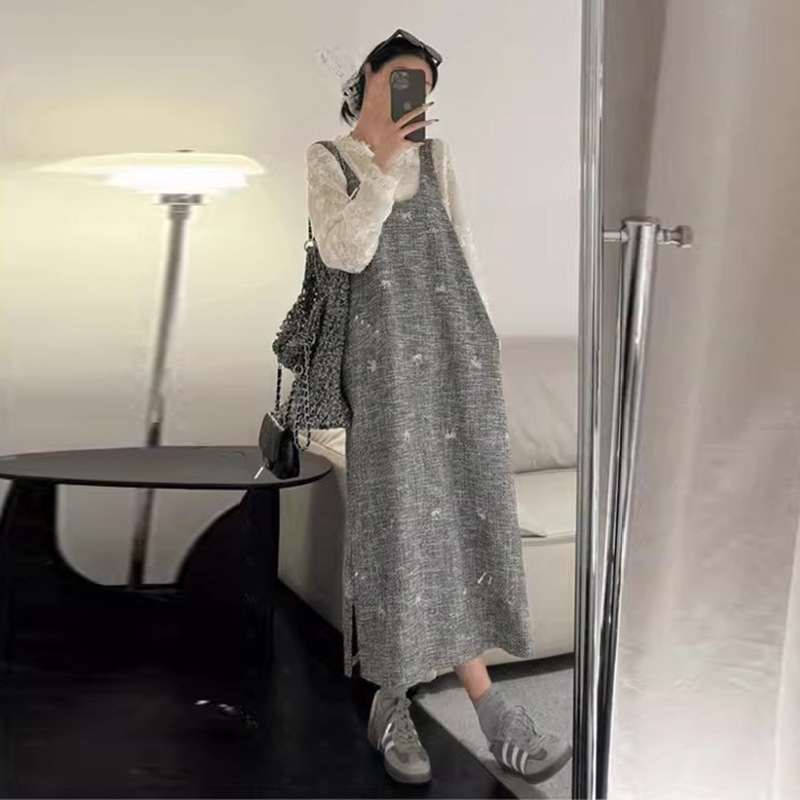 Trudnički dvodijelni komplet: čipkasti vrh s izšivenom vestom i suknja, jednobojan, 3/4 rukavi, akrilni materijal, ≥95% sastav, proljetno-jesenko, street fashionista stil