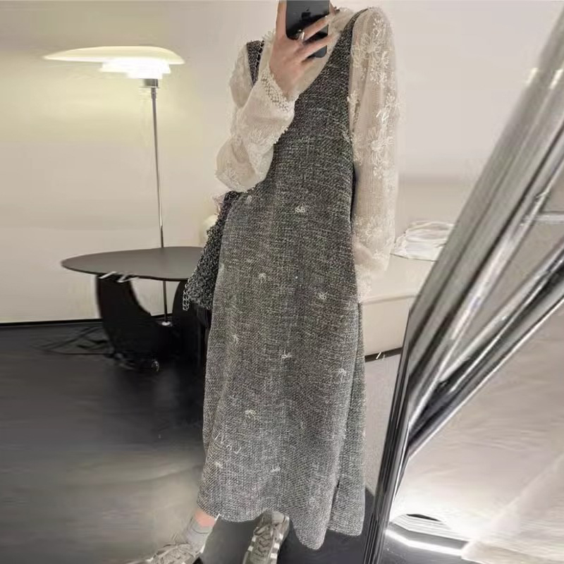 Trudnički dvodijelni komplet: čipkasti vrh s izšivenom vestom i suknja, jednobojan, 3/4 rukavi, akrilni materijal, ≥95% sastav, proljetno-jesenko, street fashionista stil