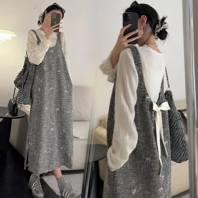 Trudnički dvodijelni komplet: čipkasti vrh s izšivenom vestom i suknja, jednobojan, 3/4 rukavi, akrilni materijal, ≥95% sastav, proljetno-jesenko, street fashionista stil