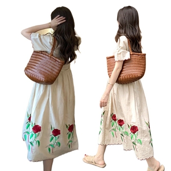 Trudnička haljina — pamuk-len miješano s cvjetnom vezom, visok struk, midi duljina, okrugli ovratnik i 3/4 rukavi, rastezljiva tkanina