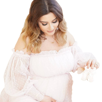 Haljina za trudnoće za portret: mreža tkanina, balon rukavi, A-linijska duga haljina, ljeto 2024