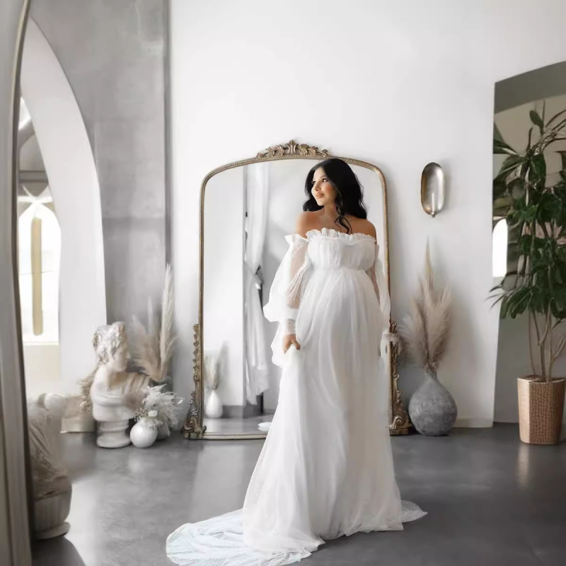 Haljina za trudnoće za portret: mreža tkanina, balon rukavi, A-linijska duga haljina, ljeto 2024