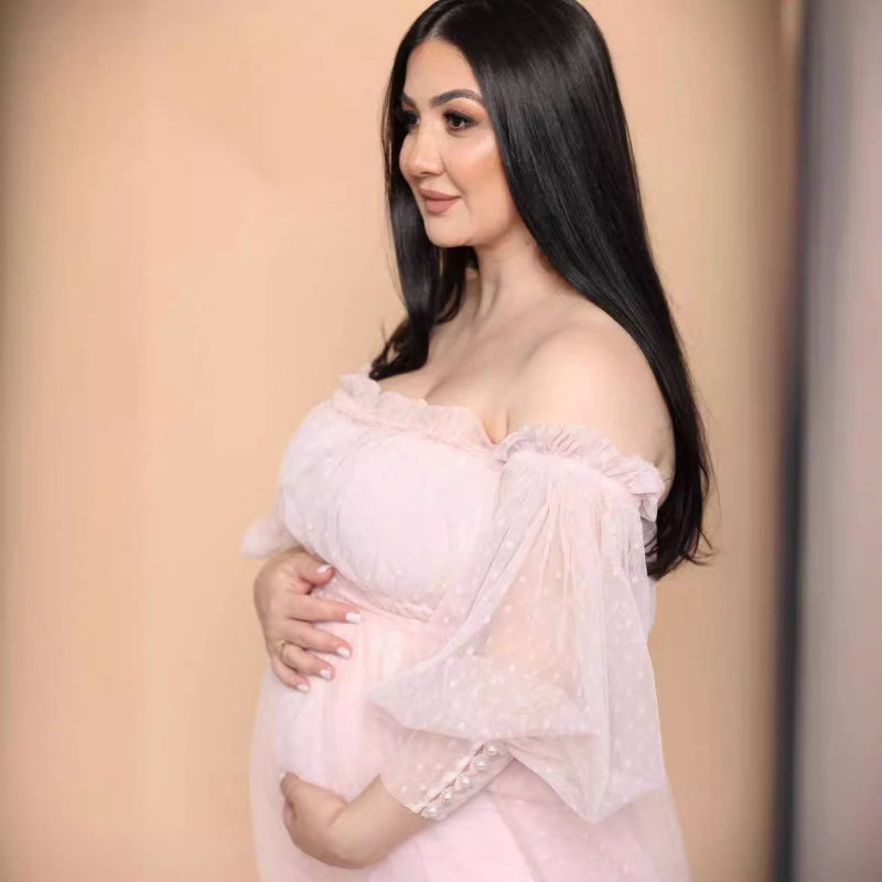 Haljina za trudnoće za portret: mreža tkanina, balon rukavi, A-linijska duga haljina, ljeto 2024