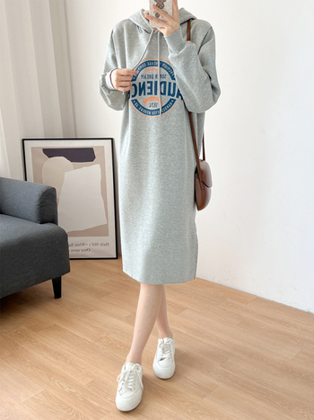 Haljina za dojenje s kapuljačom, dugi rukav, midi A-linija, 95% pamuk