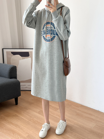 Haljina za dojenje s kapuljačom, dugi rukav, midi A-linija, 95% pamuk