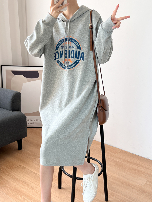 Haljina za dojenje s kapuljačom, dugi rukav, midi A-linija, 95% pamuk