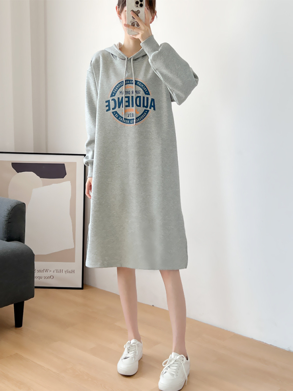 Haljina za dojenje s kapuljačom, dugi rukav, midi A-linija, 95% pamuk