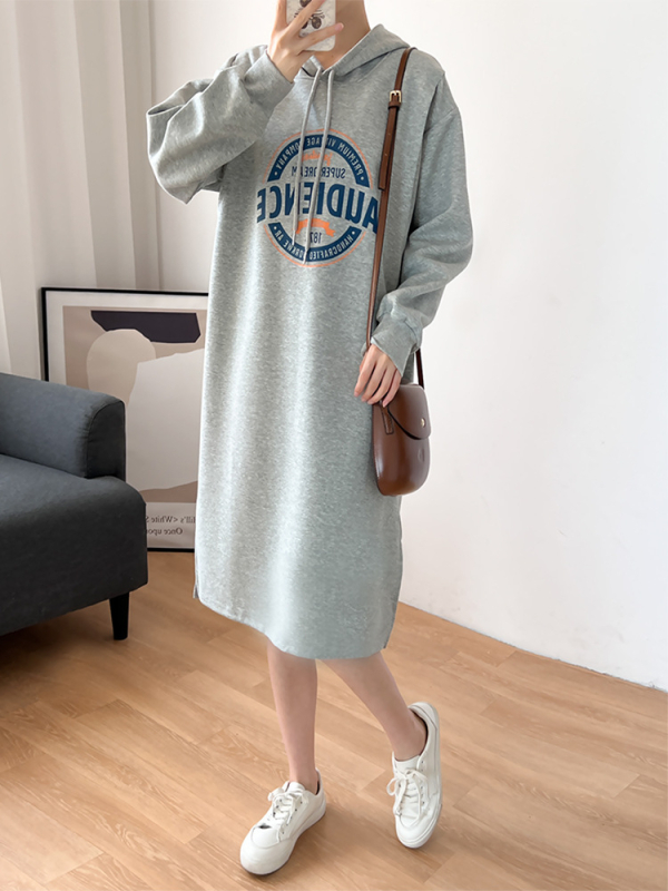 Haljina za dojenje s kapuljačom, dugi rukav, midi A-linija, 95% pamuk