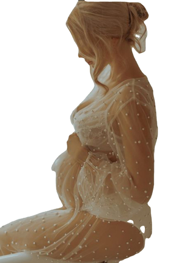 Trudnička haljina s okruglim izrezom, dugim rukavima, mrežasta tkanina, ukras s perlama, oversize silueta