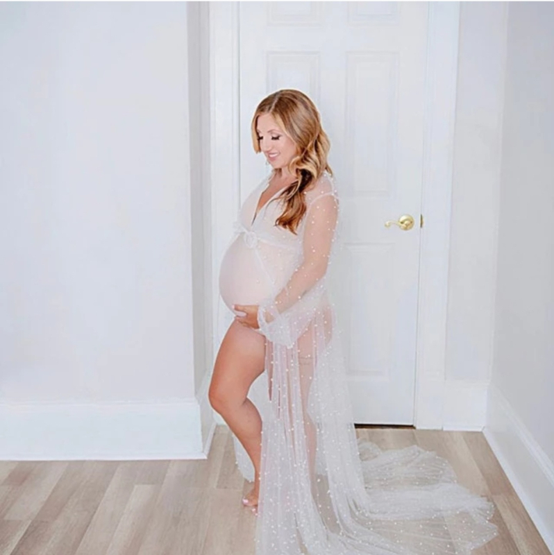 Trudnička haljina s okruglim izrezom, dugim rukavima, mrežasta tkanina, ukras s perlama, oversize silueta