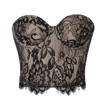 Ženski čipkasti tube-top, bez naramenica, uski kroj, vrlo kratka duljina (≤40 cm)