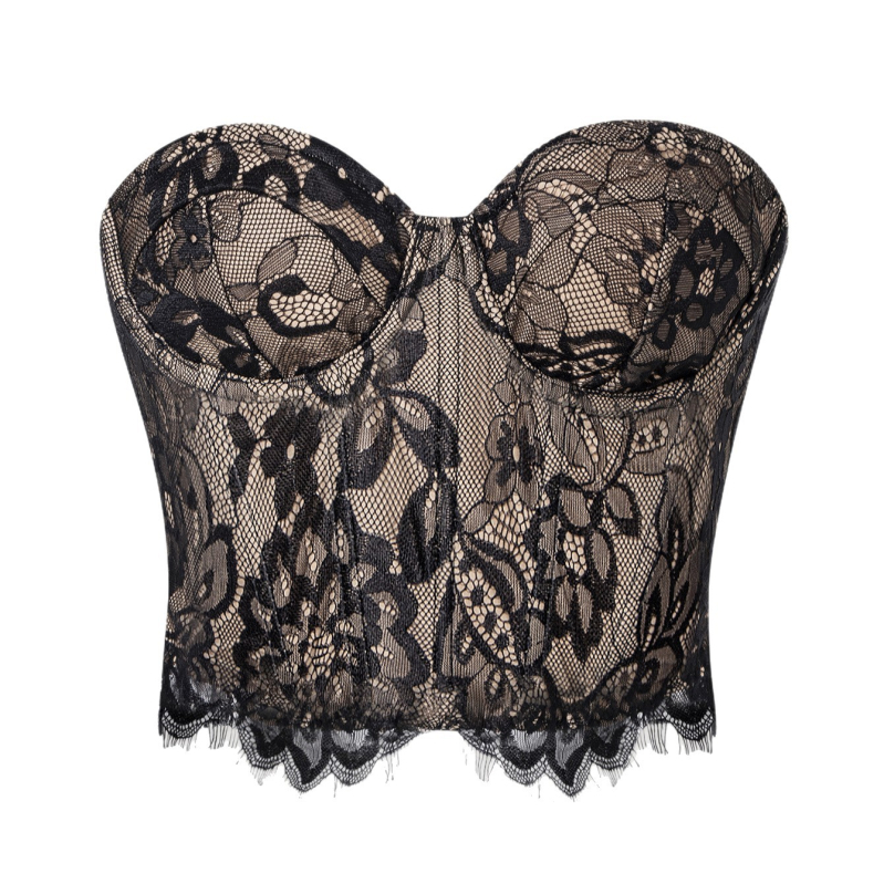 Ženski čipkasti tube-top, bez naramenica, uski kroj, vrlo kratka duljina (≤40 cm)