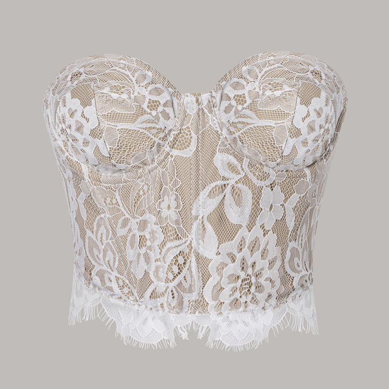 Ženski čipkasti tube-top, bez naramenica, uski kroj, vrlo kratka duljina (≤40 cm)