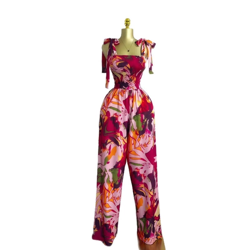 Ženski bez-rameni jumpsuit s mašnicom i vezicama, otisak, ravne hlače, srednji struk, poliester, ljeto 2025