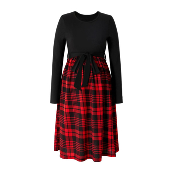 Haljina za dojenje s otvorom za dojenje, karirani uzorak, dugi rukavi, okrugli ovratnik, visoki struk, midi dužina