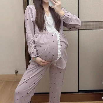 Porođajne majčinsko pidžama s jastučićima za dojke, proljeće-jesen-zima, dugi rukavi, polo ovratnik