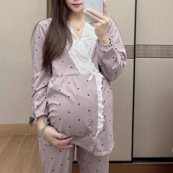 Porođajne majčinsko pidžama s jastučićima za dojke, proljeće-jesen-zima, dugi rukavi, polo ovratnik