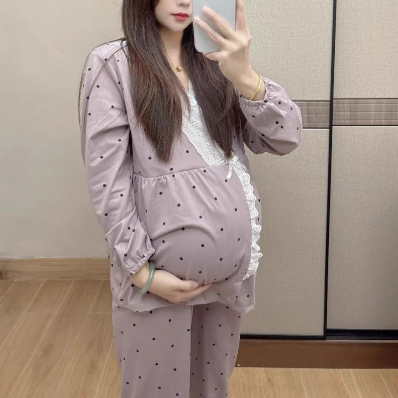 Porođajne majčinsko pidžama s jastučićima za dojke, proljeće-jesen-zima, dugi rukavi, polo ovratnik