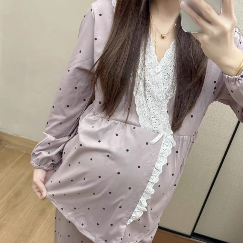 Porođajne majčinsko pidžama s jastučićima za dojke, proljeće-jesen-zima, dugi rukavi, polo ovratnik