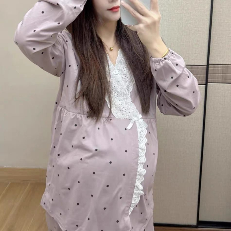 Porođajne majčinsko pidžama s jastučićima za dojke, proljeće-jesen-zima, dugi rukavi, polo ovratnik