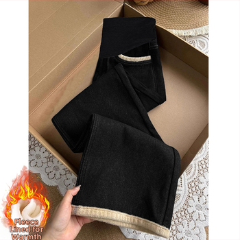 Tehotenské džínsy s zamatovou podšívkou na zimu, elastický denim