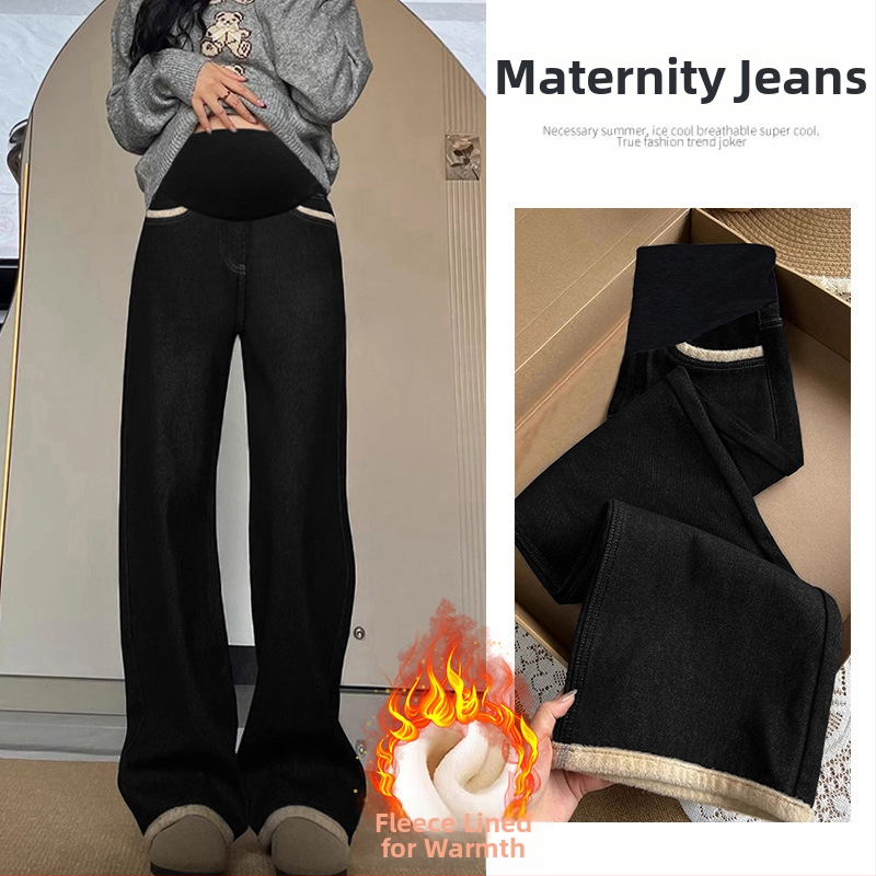 Tehotenské džínsy s zamatovou podšívkou na zimu, elastický denim