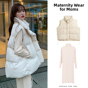 Tehotenský set z pleteniny: sukňový kostým s bavlnenou vestou a svetr s polovičným golierom, dlhé rukávy, midi sukňa, pletený materiál 30–50% obsah, uvedenie 2025.