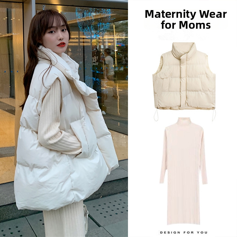 Tehotenský set z pleteniny: sukňový kostým s bavlnenou vestou a svetr s polovičným golierom, dlhé rukávy, midi sukňa, pletený materiál 30–50% obsah, uvedenie 2025.