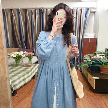 Haljina s okruglim izrezom, dugim rukavima, pamukovo-mješovita tkanina, prugasti uzorak, midi duljina