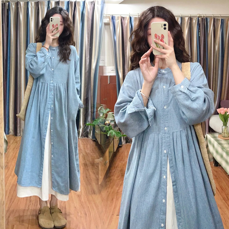 Haljina s okruglim izrezom, dugim rukavima, pamukovo-mješovita tkanina, prugasti uzorak, midi duljina