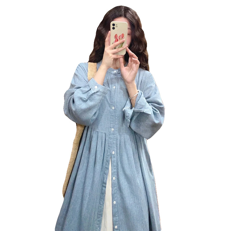 Haljina s okruglim izrezom, dugim rukavima, pamukovo-mješovita tkanina, prugasti uzorak, midi duljina