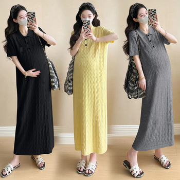 Tehotenské polo pletené šaty, 3/4 rukávy, bavlnený úplet s elastanom, stredná dĺžka, A-línia, karikatúrny vyšívka