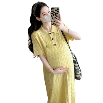 Tehotenské polo pletené šaty, 3/4 rukávy, bavlnený úplet s elastanom, stredná dĺžka, A-línia, karikatúrny vyšívka