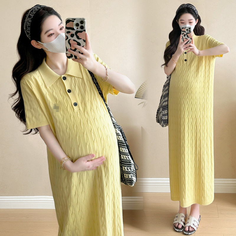 Tehotenské polo pletené šaty, 3/4 rukávy, bavlnený úplet s elastanom, stredná dĺžka, A-línia, karikatúrny vyšívka