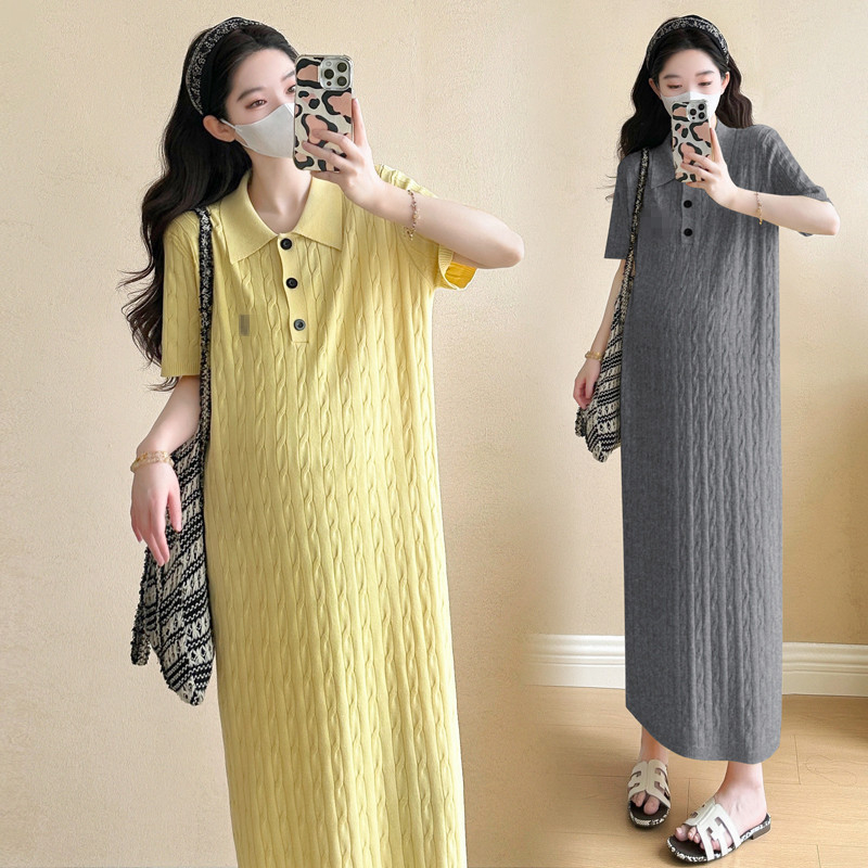 Tehotenské polo pletené šaty, 3/4 rukávy, bavlnený úplet s elastanom, stredná dĺžka, A-línia, karikatúrny vyšívka