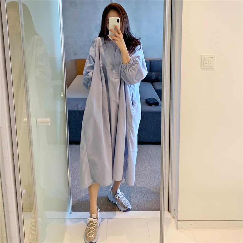 Tehotenské šaty s okrúhlym výstrihom, dlhé rukávy, stredne dlhé A-linijové šaty, polyesterový materiál, japonsko-kórejský voľný štýl, jar-jesenné obdobie