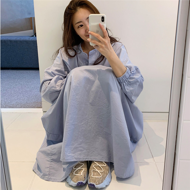 Tehotenské šaty s okrúhlym výstrihom, dlhé rukávy, stredne dlhé A-linijové šaty, polyesterový materiál, japonsko-kórejský voľný štýl, jar-jesenné obdobie